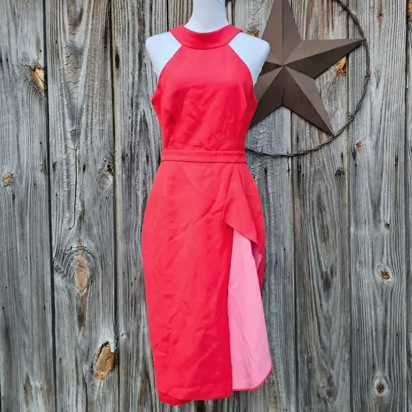 Cut Out Halter Dress BCBGMaxAzria Maryssa Size 10 Red/Orange Pink Stretch Ruffle - Picture 3 of 11